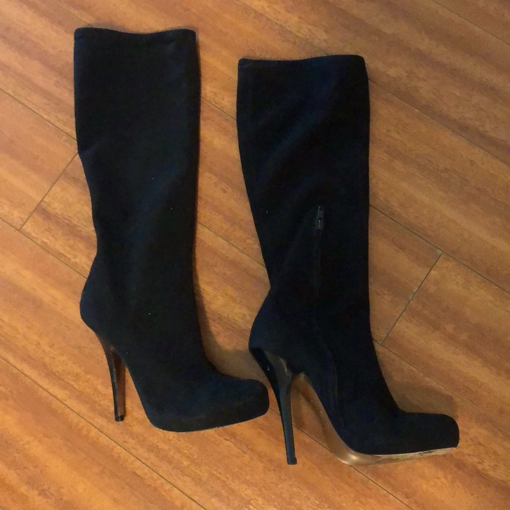 bebe Knee High Suede Stretch Boots Black 7